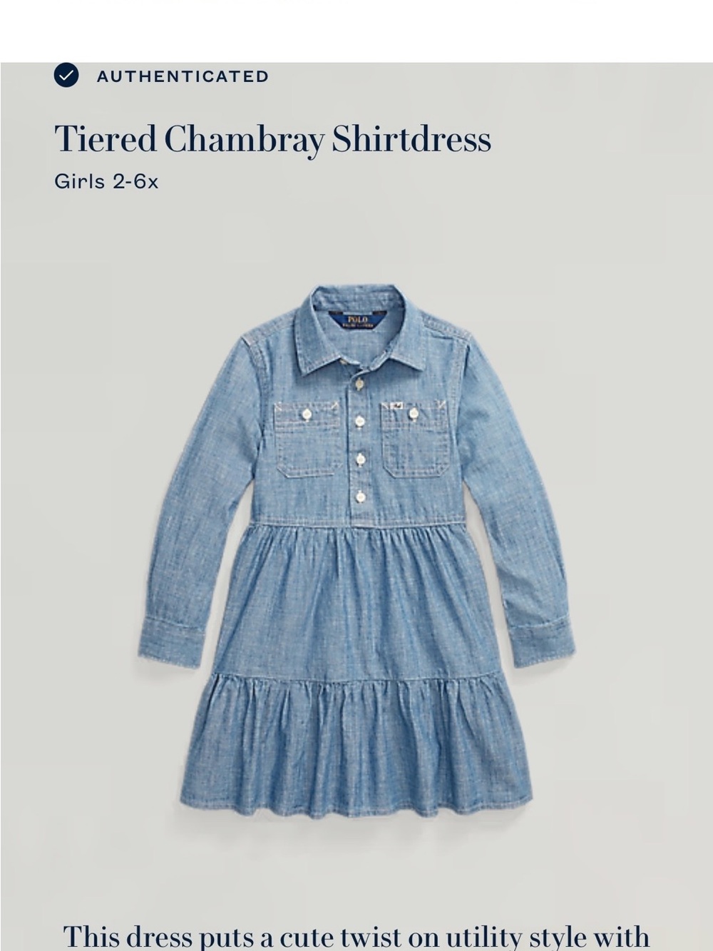 Polo by Ralph Lauren Girls' Light Blue Tiered Chambray Shirtdress